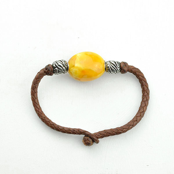 Baltic amber, silver and leather bracelet