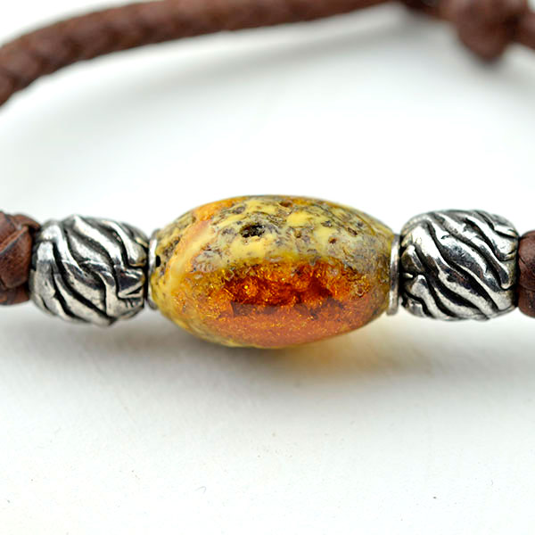 Baltic amber and leather double bracelet