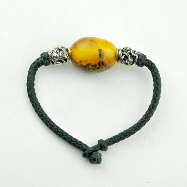 Baltic amber, silver and leather bracelet