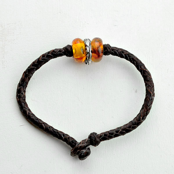 Baltic amber and leather double bracelet